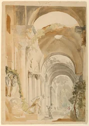 Disegno, rovine romane con figure, 1745 ca.