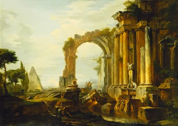 Un capriccio di rovine classiche con la piramide di Cestio e figure in un paesaggio