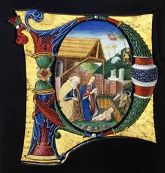Una grande iniziale istoriata "P", raffigurante una scena della Natività, c.1490