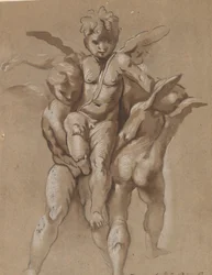 Due putti che portano un terzo putto (recto); Un giovane con un bastone (verso)
