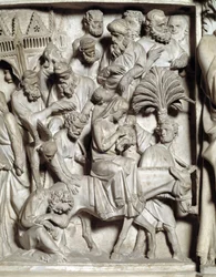 (dettaglio) dei rilievi del Pulpito di Marmo, fuga in Egitto