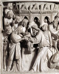 Dettaglio dei rilievi del pulpito realizzato da Giovanni Pisano: la presentazione di Gesù al tempio (dettaglio) 1302-1311 Cattedrale di Pisa, Italia