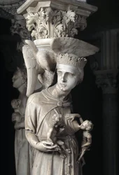 Dettaglio dei gruppi scolpiti che sostengono la cattedra realizzata da Giovanni Pisano: la Chiesa nutre i suoi figli (dettaglio)