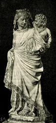 Madonna col Bambino, statua di Giovanni Pisano, Duomo di Prato, Toscana, Italia, xilografia da Le cento città d