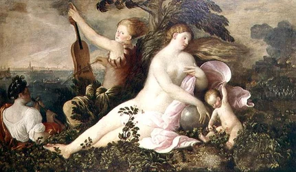 Allegoria di una vittoria veneziana, la figura centrale della Fortuna o Caso accompagnata da figure che simboleggiano Natura e Musica