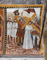 Storie della Passione di Cristo: Gesù sale al Calvario portando la croce e aiutato da Cireneo