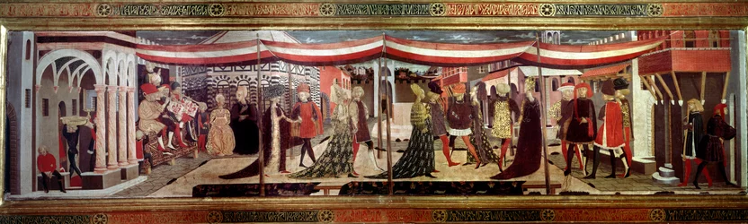 Cerimonia di matrimonio nel pannello rinascimentale che decora il Cassone Adimari. Scena di matrimonio in Piazza del Duomo. Coppie nel corteo avanzano sotto un baldacchino