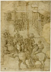 Corteo mitologico (recto); Iscrizioni illeggibili e studi anatomici della testa (verso)