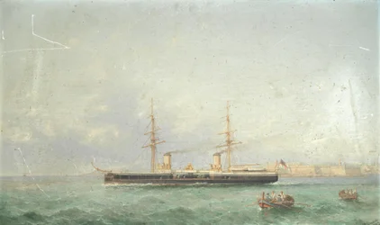 La corazzata HMS Inflexible in rotta verso il mare da Grand Harbour, La Valletta