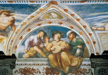Suonatore di mandolino, Dettaglio degli affreschi di Girolamo Romanino, commissionati da Bernardo Clesio