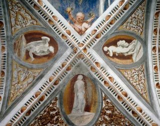 Nicchie a mosaico e statue, Dettaglio degli affreschi di Girolamo Romanino, commissionati da Bernardo Clesio