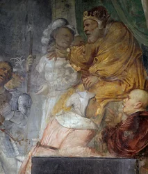 Nabucodonosor, dettaglio dal miracolo dei tre compagni di Daniele, affresco di Girolamo Romanino (ca 1484-dopo 1562), dettaglio della parete destra della Chiesa di Sant