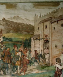 Ritorno di Bartolomeo Colleoni e del re Cristiano a Malpaga dopo la battuta di caccia (affresco)