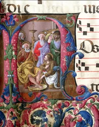 Lettera decorata raffigurante Cristo che lava i piedi. Miniatura di Girolamo da Cremona (attivo intorno al 1451-1483) e Liberale da Verona (1445-1529) da un coro (Cod. 22/7. c.37) del Duomo di Siena. XV secolo