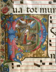 Lettrine P decorata che rappresenta la Natività Miniatura di Girolamo da Cremona dal coro (Cod. 18/3) della cattedrale di Siena. XV secolo, Cattedrale (Duomo) di Siena, Italia