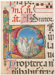 Illustrazione di manoscritto con monaci cantanti in una iniziale D, da un Salterio, 1501-2