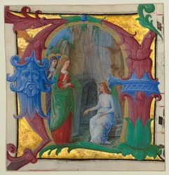 Illustrazione di Manoscritto con le Sante Donne al Sepolcro in una Iniziale A..., ca. 1490-1500