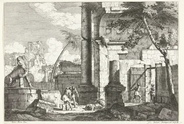 Rovine antiche con saccheggiatori di tombe e palma (paesaggi italiani)