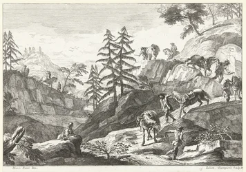 Paesaggio montano con cavalieri che conducono cavalli in discesa (Paesaggi italiani)