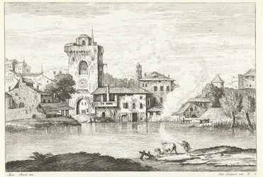 Veduta di città con torre sull