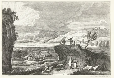 Paesaggio collinare con pellegrini in cammino e tramonto