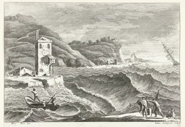 Paesaggio costiero con tempesta in mare e faro