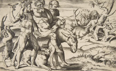 Un Sileno ubriaco a cavallo di un asino, sorretto da satiri, 1531-76