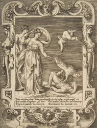 Un avvoltoio che mangia le interiora di Tizio, Cupido sopra due donne a sinistra, inserito in una cornice elaborata, 1531-76