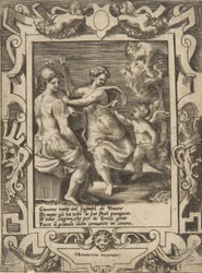 Atena seduta vicino a Giunone che ha preso le frecce di Cupido, inserita in una cornice elaborata