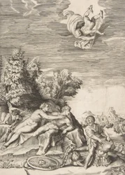 Calipso che cerca di trattenere Ulisse mentre un bambino prepara la sua armatura a destra e Mercurio vola via, 1531-76