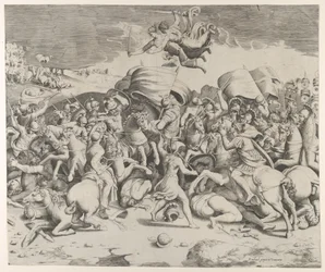 Costantino sconfigge il tiranno Massenzio, angeli con spade volano sopra, 1544