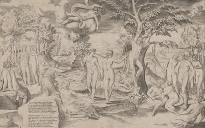 Cupido nei Campi Elisi legato a un albero, circondato da molte figure