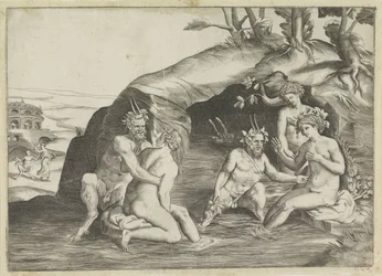 Tre ninfe e due satiri che fanno il bagno
