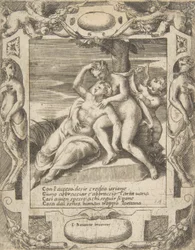 Issione che abbraccia una nuvola, pensando che sia Giunone, Cupido a destra, inserito in un elaborato..., 1531-76