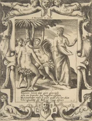 Giunone a destra che si gira e parla alle Parche, inserita in una cornice elaborata, 1531-76