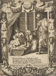 Giunone persuade Atena a nutrire il giovane Ercole, inserita in una cornice elaborata, da, 1531-76