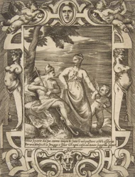 Giove a sinistra in forma di pastore accompagnato da Mnemosine, inserito in un elabo..., 1531-76
