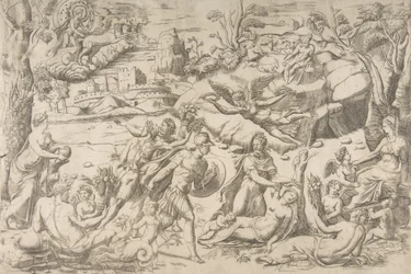 Marte e Rea Silvia: al centro Marte tiene uno scudo e una spada, Rea Silvia dorme..., ca. 1531-76