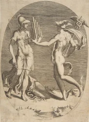 Mercurio presenta un flauto di Pan a Minerva che sta a sinistra, una composizione ovale
