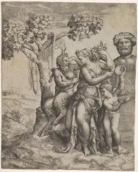 Pan seduto vicino a una figura femminile che tiene una cornucopia, una ninfa o Pomona