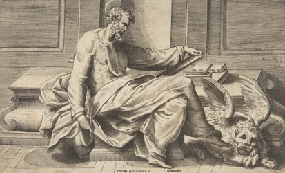 San Marco che scrive il suo Vangelo, un leone alato a destra