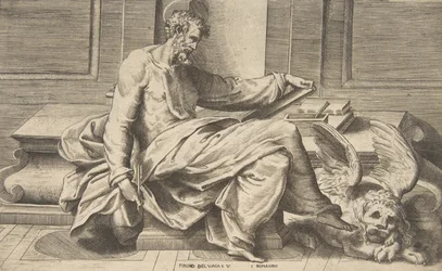 San Marco che scrive il suo vangelo, leone alato a destra