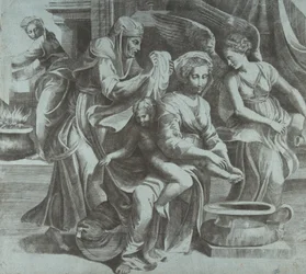 La Vergine lava il Bambino Gesù accompagnata da figure e un angelo a destra, ca. 1550-60