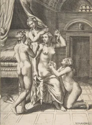 La toilette di Psiche che è seduta al centro e viene assistita
