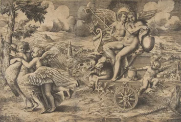 Il trionfo di Cupido e Psiche su un carro trainato da due uccelli