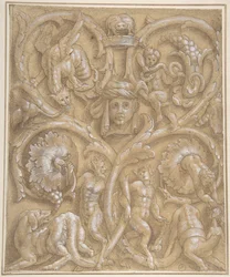 Progetto per un pannello ornamentale con rinceaux, satiri, putti, mostri e una testa umana, 1535-45
