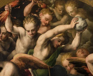 Transetto nord, Altare di San Michele Arcangelo, Arcangelo Michele che uccide il maligno, Giulio Campi 1566, (dettaglio)