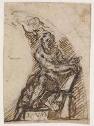 Uomo seduto con tavoletta di scrittura(?). Dettaglio architettonico