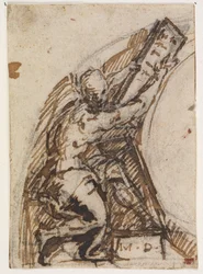 Uomo seduto con tavoletta di scrittura (?). Dettaglio architettonico
