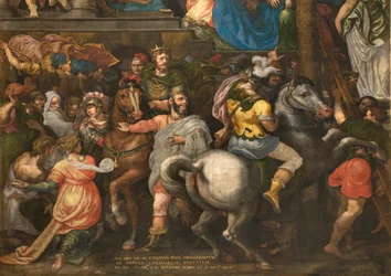 Parete opposta alla controfacciata del transetto sud, Giuseppe Campi, Trionfo di Mardocheo 1567, (dettaglio parte inferiore)